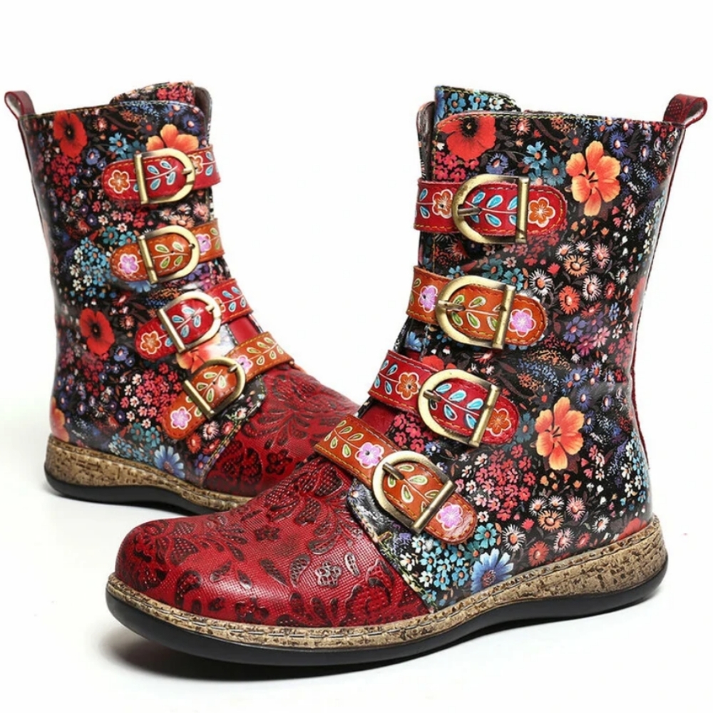SOCOFY Retro Small Flowers Short Boots NEW